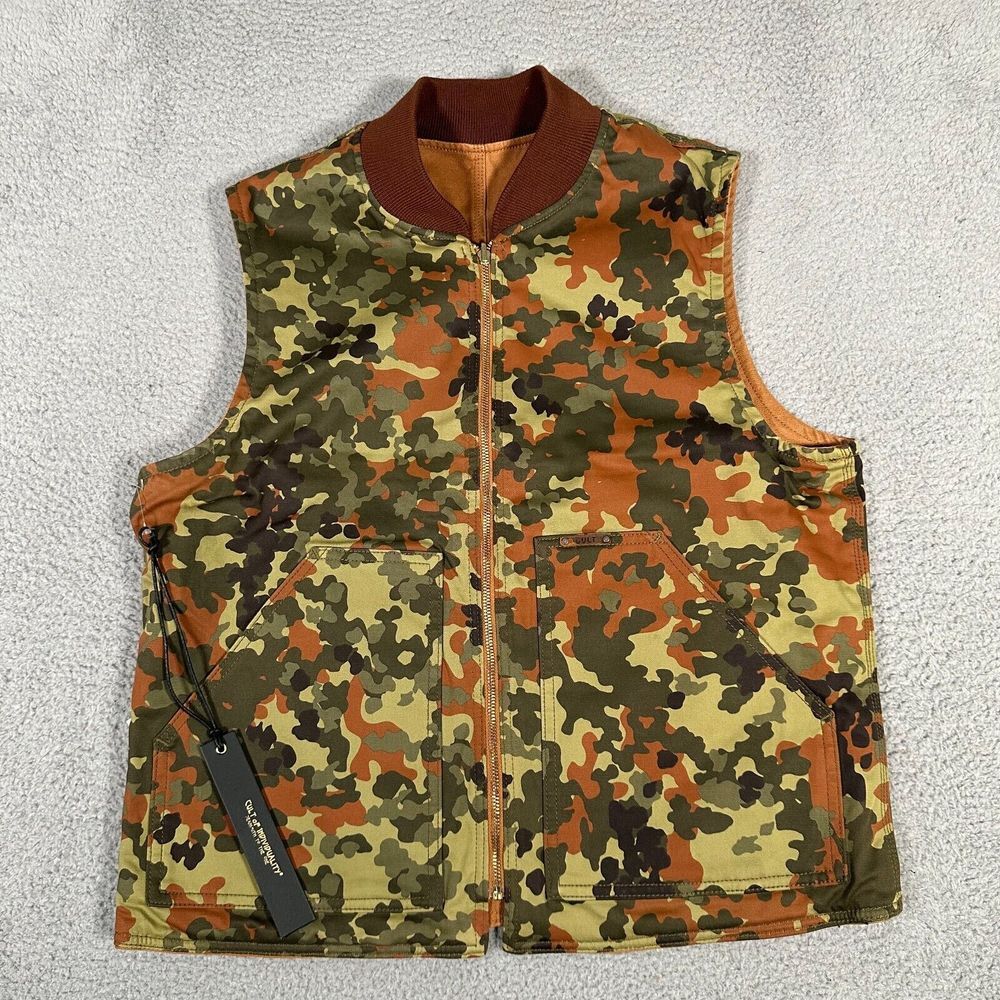 Cult‎ of Individuality Vest Mens Large Green Brown Frog Camo Reversible Canvas